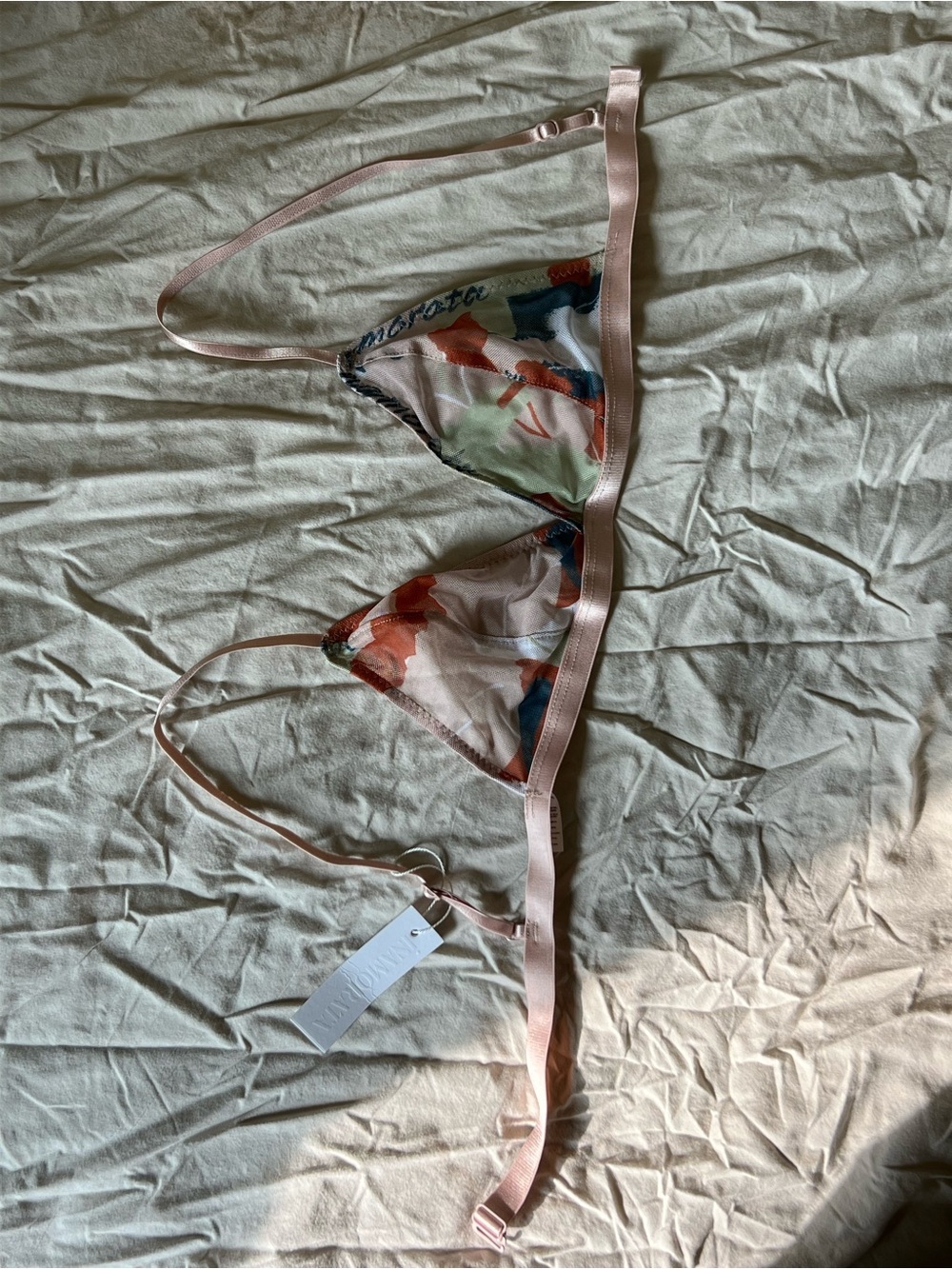 iNAMORATA Sheer Floral Triangle Bralette in Blush Pink and Multicolor